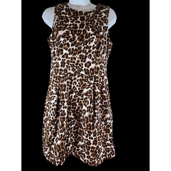 A. Byer Size 11 Sleeveless Cream and Brown Leopard Print Dress with Pockets - Picture 1 of 8